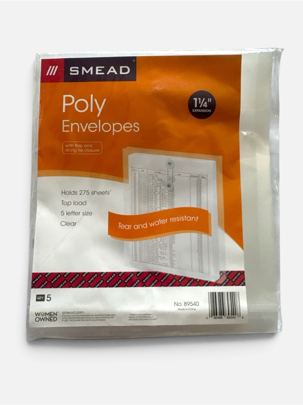 Smead Poly Envelopes Letter Size 1-1/4 Expansion Clear String Tie Closure 5 Pk